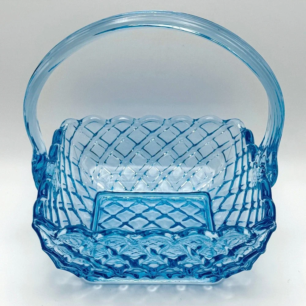 Vintage L.E. Smith Blue Glass Trellis Basket Woven Lattice Handle Cottagecore